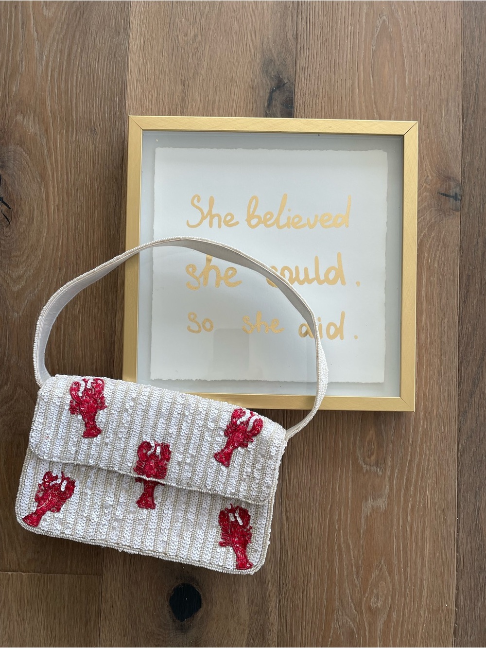 Viral Handcrafted Beaded/Sequin Lobster Shoulder Bag - White with Red Lobsters - Picture 2 of 13